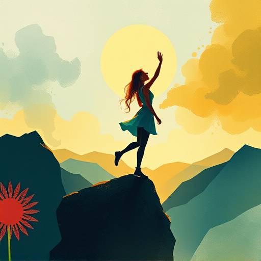 Illustrazione astratta di Giulia Bianchi, una donna che raggiunge la cima di una montagna stilizzata