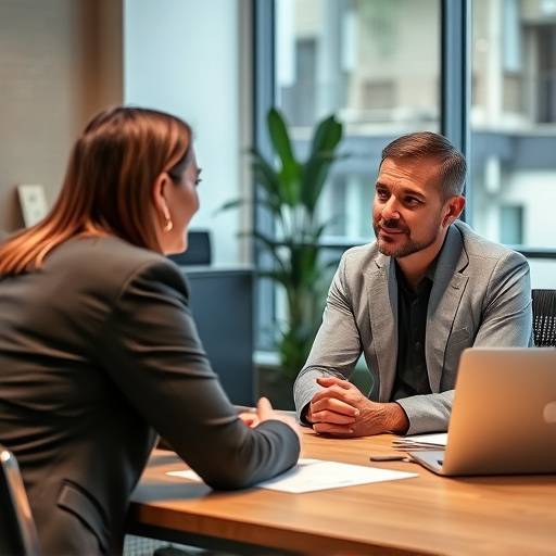 Un coach che parla con un cliente in un ambiente professionale, evidenziando la comunicazione efficace e il mentoring.