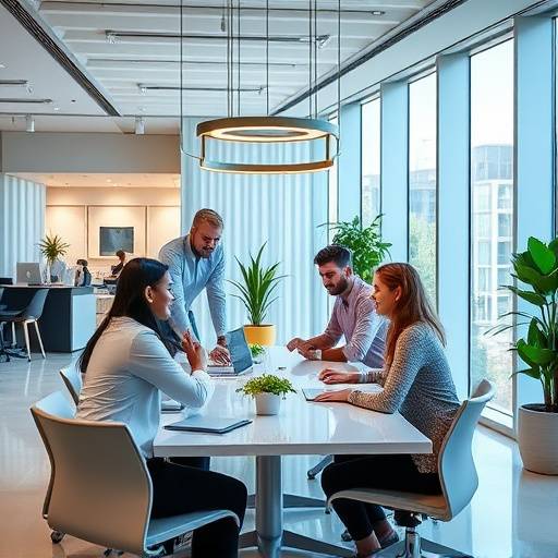 Un gruppo di persone che collaborano in un ambiente di lavoro moderno, mostrando il lavoro di squadra e l'innovazione.