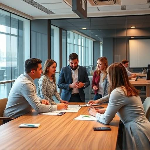 Un gruppo di persone che discutono strategie aziendali in una sala riunioni moderna, focalizzandosi sulla pianificazione e la collaborazione.